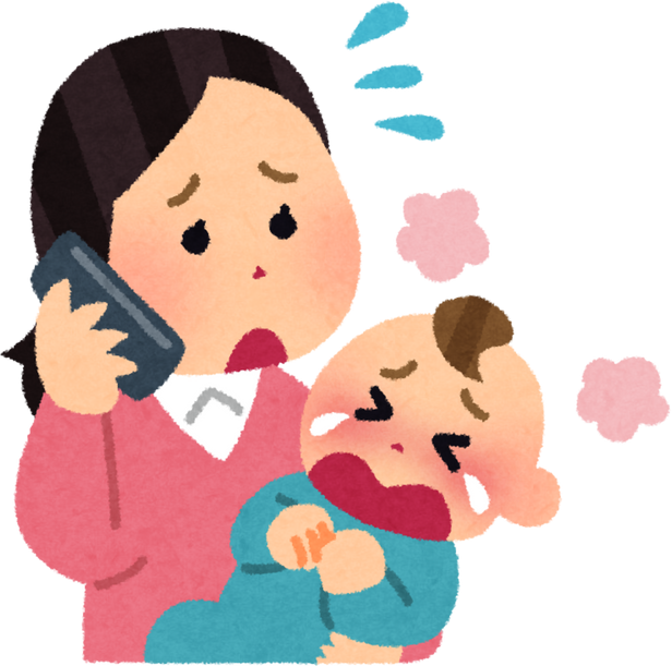 Illustration of a Worried Mother Calling the Doctor While Holding a Crying Baby